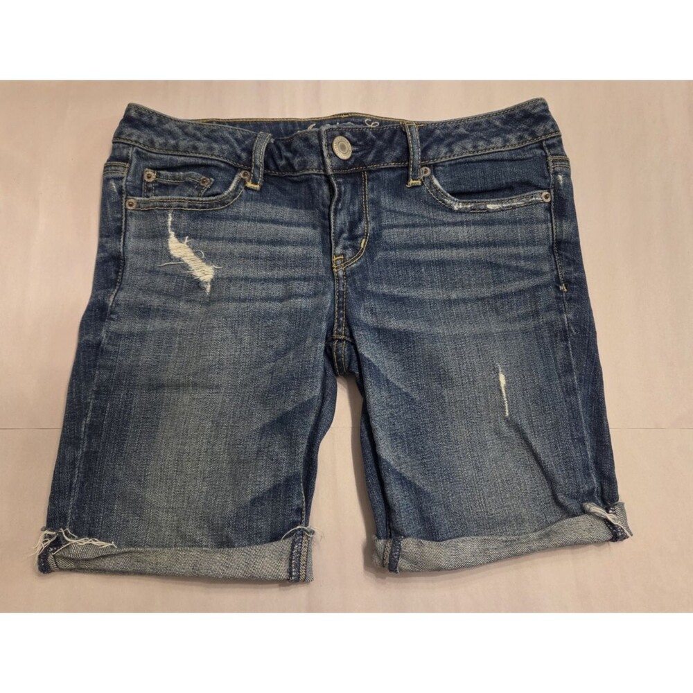 American Eagle Women’s Size 4 Stretch Denim Shorts Cuffed Distressed Blue